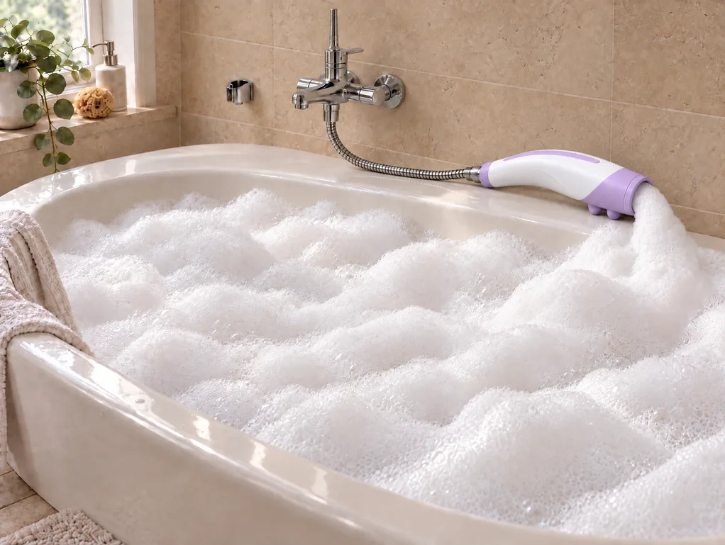 Dieselbe Badewanne voller weißem Schaum. SchaumPo+ in Weiß und Lavendel liegt am Wannenrand, an den Duschschlauch geschraubt, und gibt einen Schaumstrahl in die Wanne ab.